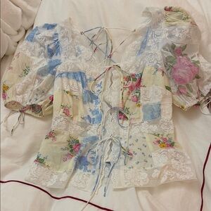 For Love And Lemons Floral Patchwork Lace-Up Blouse - L